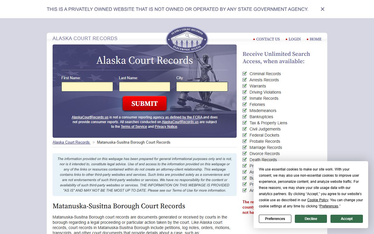 Matanuska-Susitna Borough marriage license court records Palmer Superior Court