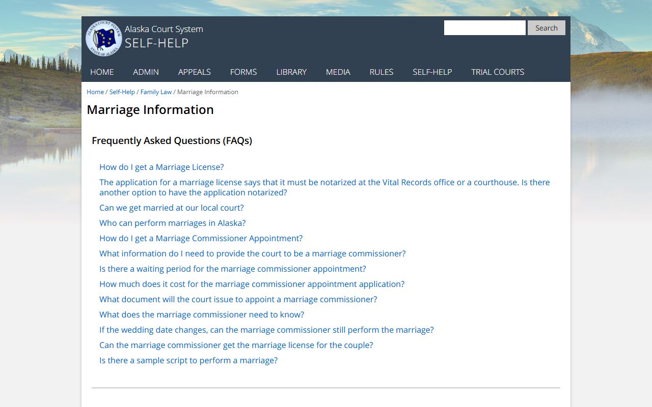 Alaska Court System marriage FAQ page showing commissioner and officiant requirements