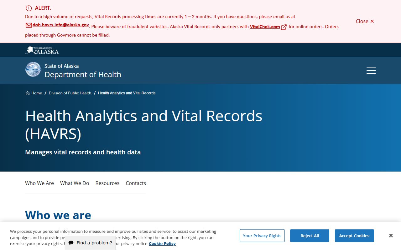 Alaska Department of Health Health Analytics and Vital Records website