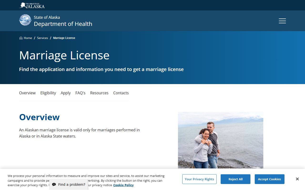 Alaska Department of Health marriage license application page