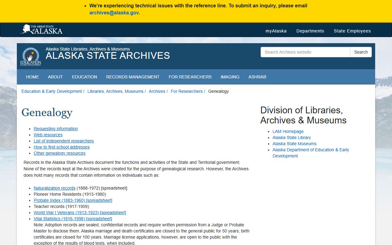 Alaska State Archives genealogy and vital records research page