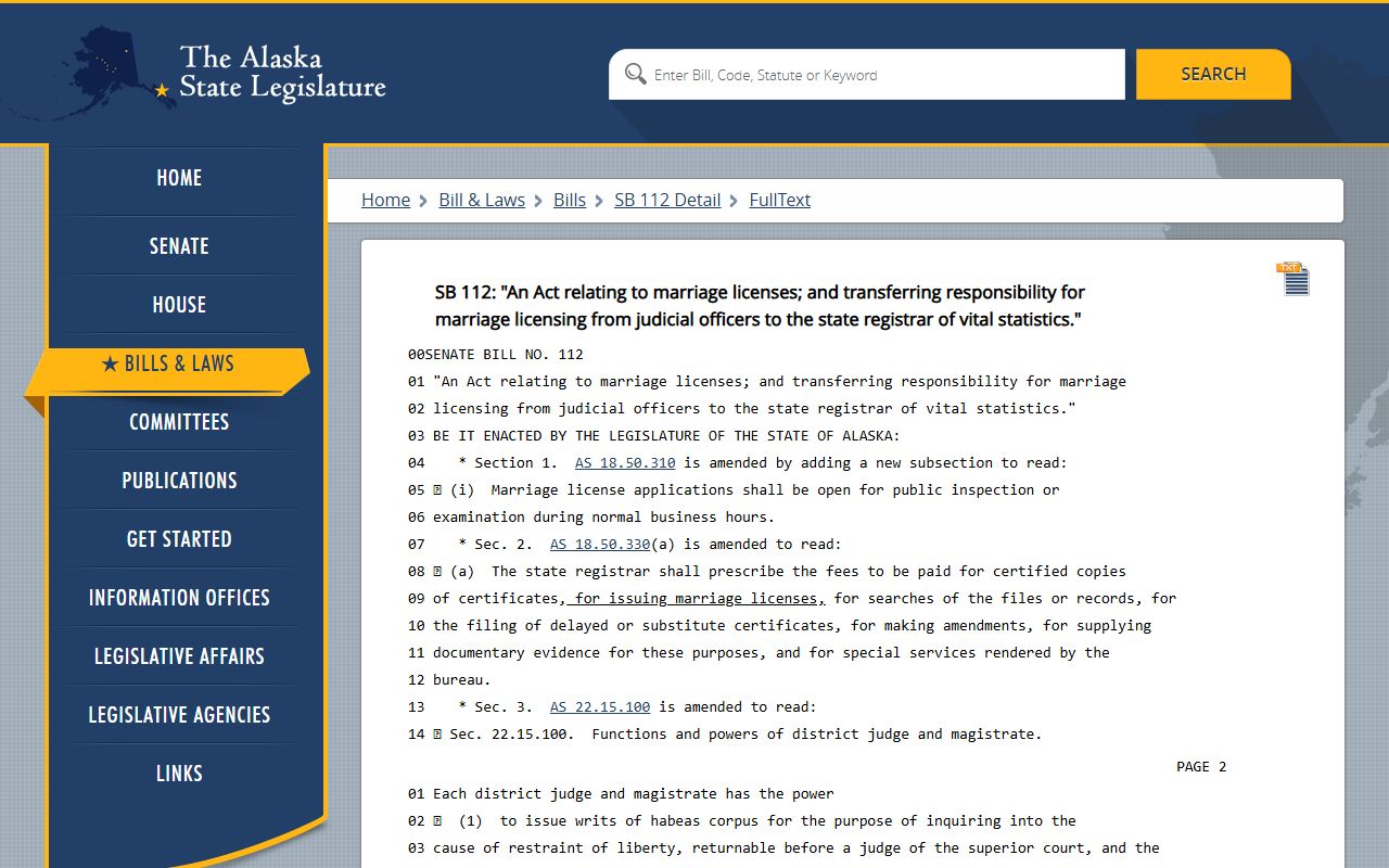 Alaska State Legislature SB 112 marriage licensing legislation