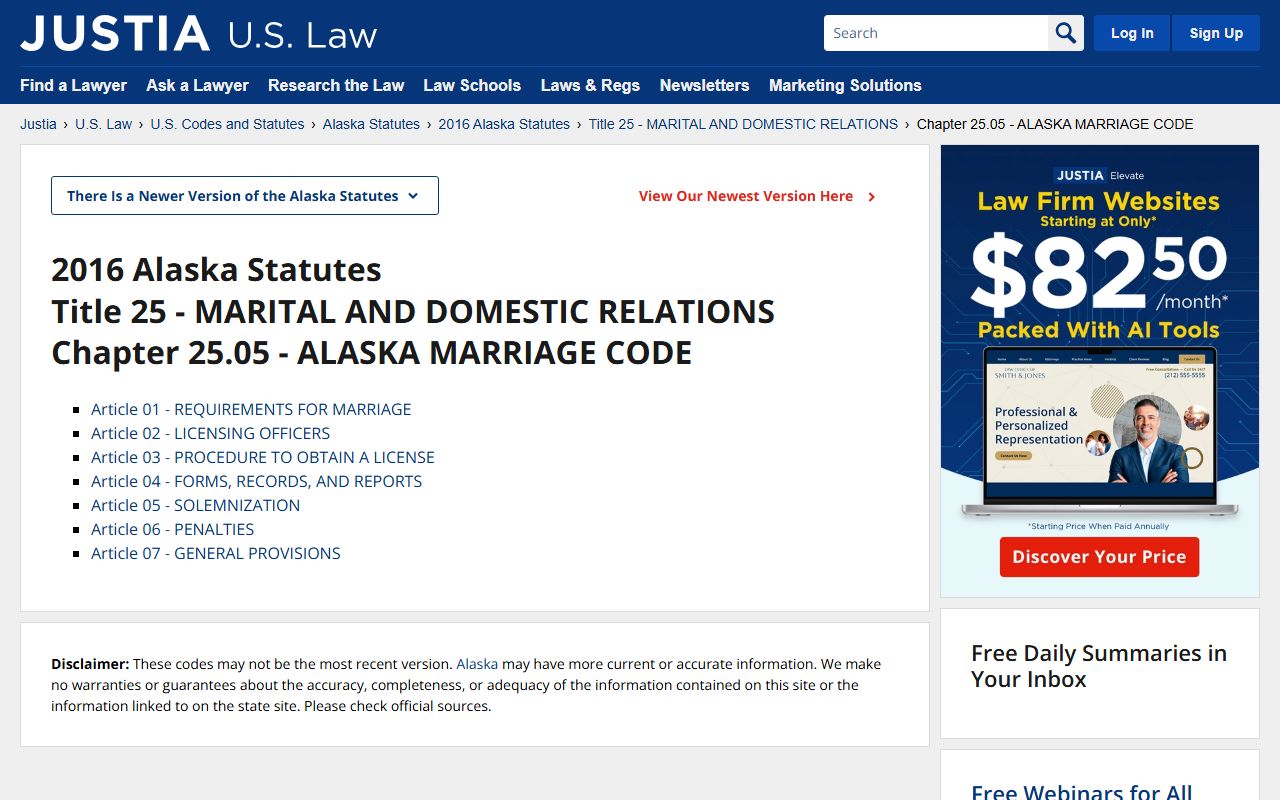 Alaska Statutes Title 25 marriage code page showing statutory requirements